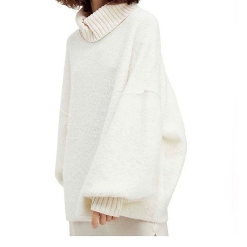 Free People Milo Pullover Sweater Oversized Large Ivory Turtle Neck Fuzzy